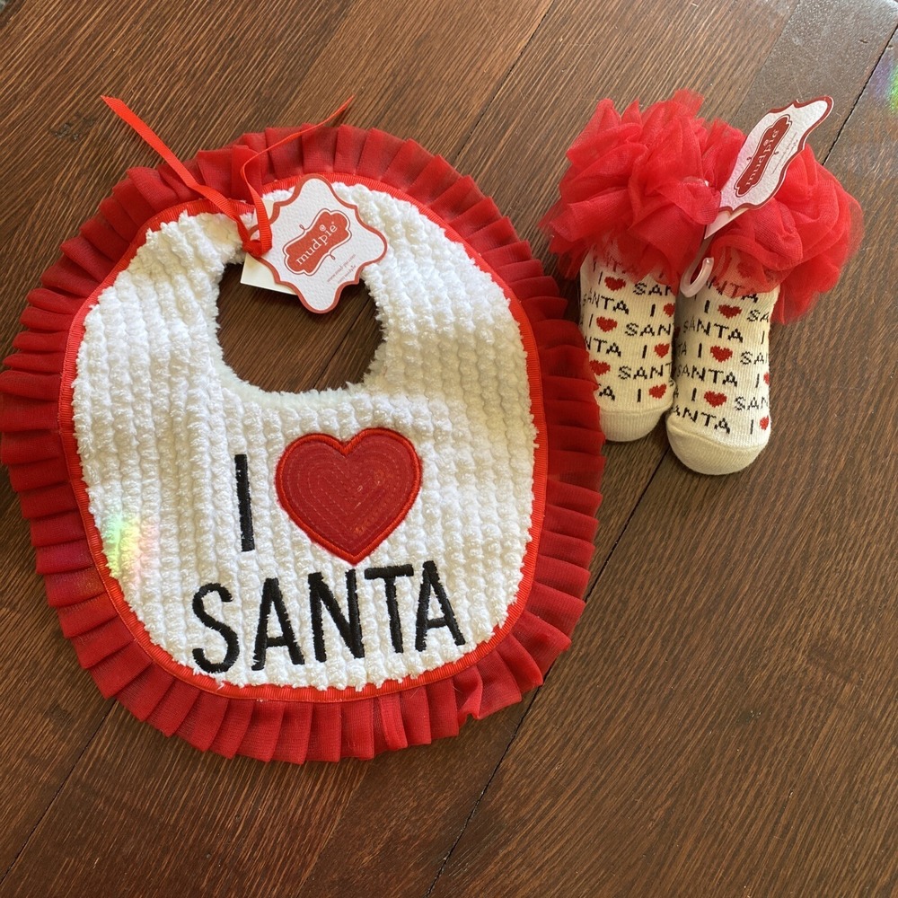 Mud Pie I ❤️ Santa Red And White Plush And Tulle Bib And Socks‎ NEW With Tags